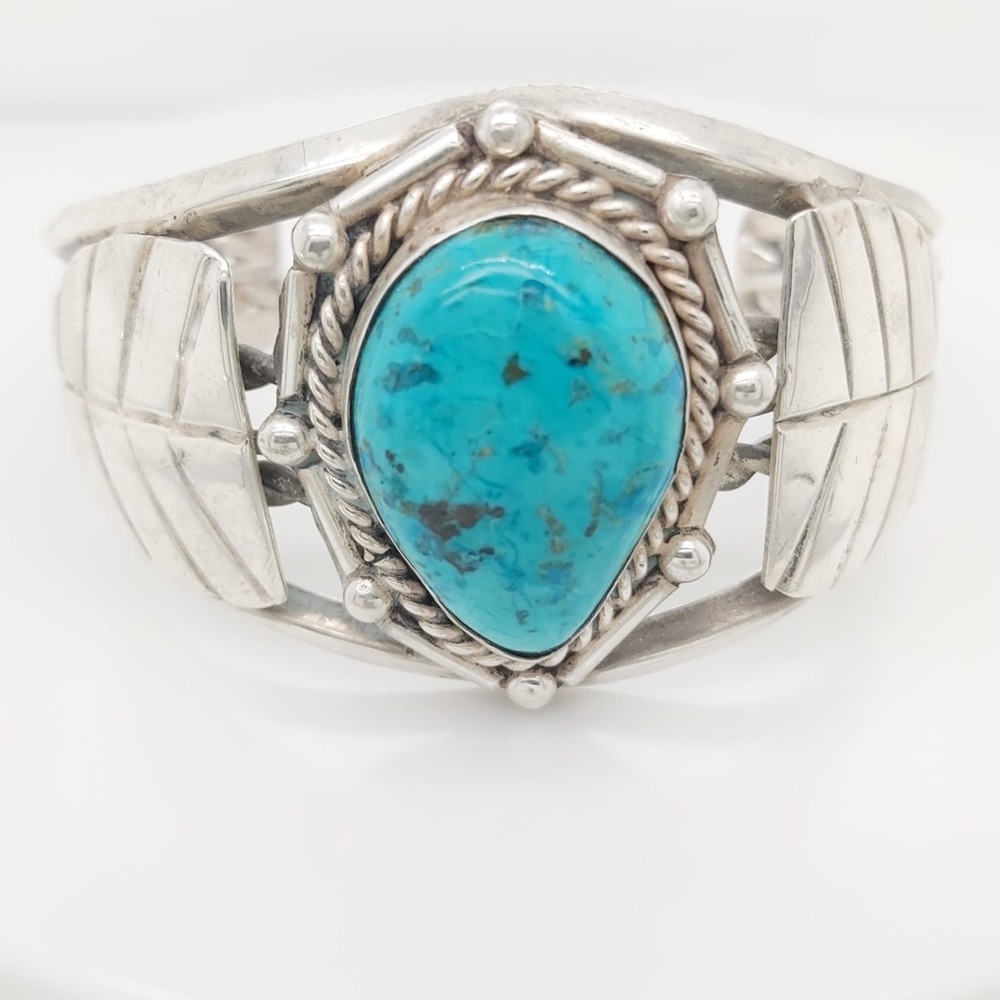 Vintage Sterling Silver Wide  Bangle Bracelet With Turquoise Stone - Picture 4 of 9